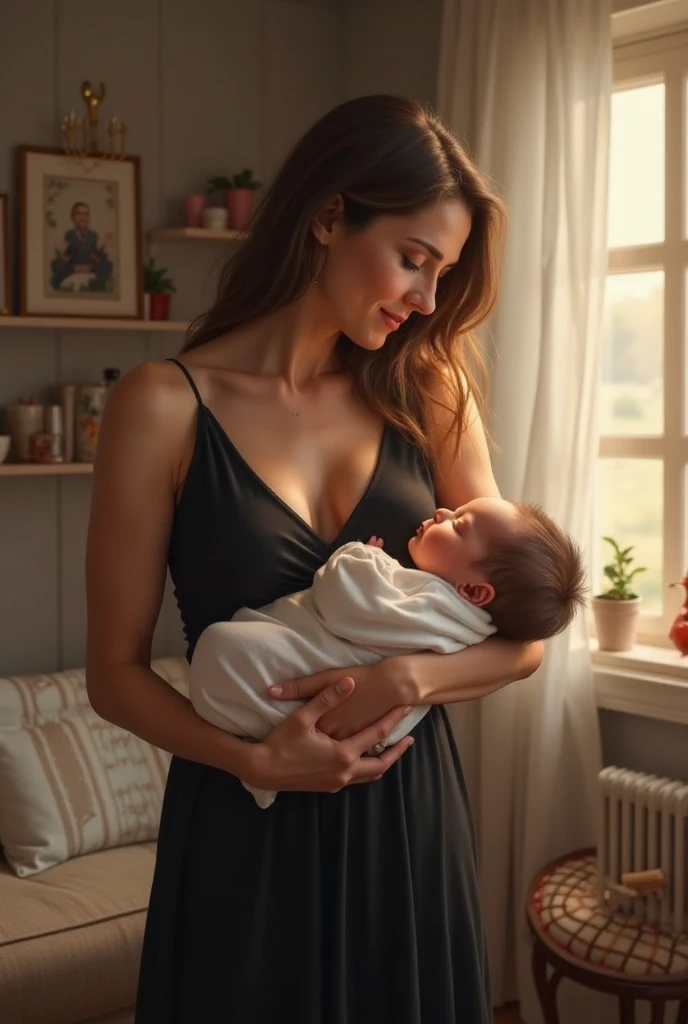 A mother wearing a sexy see-through dress is breastfeeding her baby