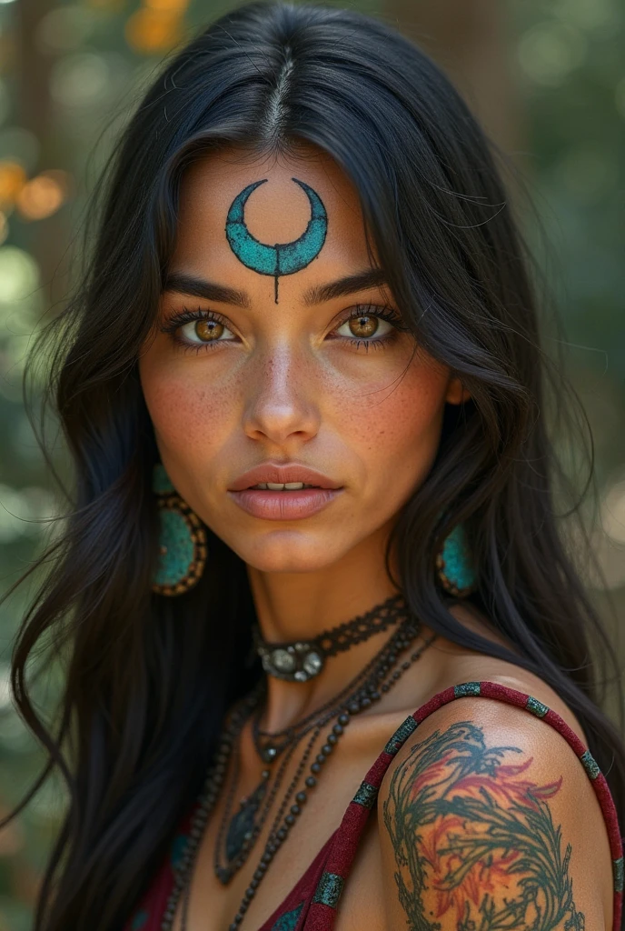 instagram photo, 18 years old, italian woman, ((long brown hair)), ((dark blue eyes)), , (((supermodel face))), ((american indian disguise)), (cleavage), hard shadows, [8K, Best Quality, Masterpiece, Ultra High Resolution, (highly detailed CG unity 8k wallpaper), (best photo), (best shadows), isometric 3D, octane rendering, ray tracing, highly detailed, Realistic hands. Blurred foreground], american indian village, (american indian face painted),