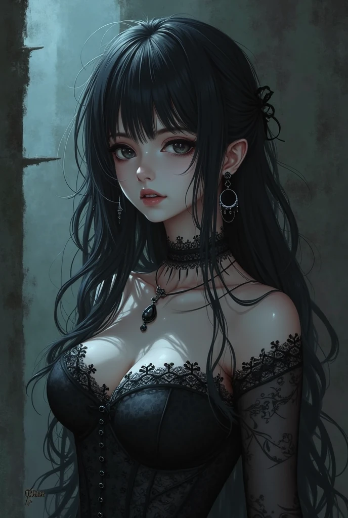 ((Artwork, 8K, extremely detailed, anime style)), 1 woman of Vietnamese ethnicity, long black hair in pineapple bun, spider tattoo on face, black eye iris, black lipstick lip, black off-shoulder dress, with black opisthosoma.