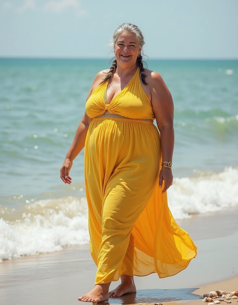 Fat woman, 40 years old white Caucasian woman, big hips, trick thighs, busty cleavage, walking in the beach, summer, day time, sundress, sunglasses, full body picture, MILF, long straight blonde hair, messy hair, serious, chubby, bbw, huge breasts, wet  and chest