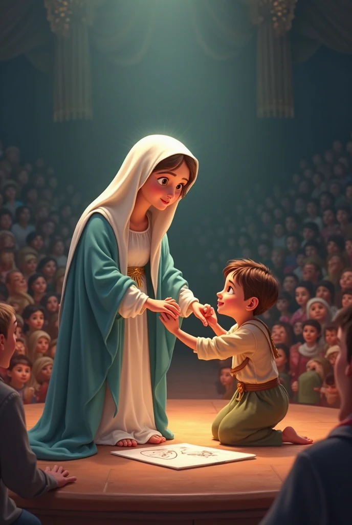 Image of a young queen, crying with a baby in her arms, in a castle environment, with a catholic family around, in the castle, before the altar. It is the year 545 after Christ. Costumes should be reminiscent of the period. She must appear in royal attire, kneeling before a crucifix in the castle church. Crying and holding the baby in her arms. The angle of the image should show it slightly from the side., you can see the baby, but with your eyes closed, serene and lifeless. The crucifix and the old altar should be in the center.
All people should be modest, that is, with clothes that have almost no cleavage, tightly closed around the neck, with at least short or long sleeves. This for all images. It would have to be cartoon style, 3D artistic characters similar to Disney style. Vivid and vibrant images. All images must be generated with this style.
