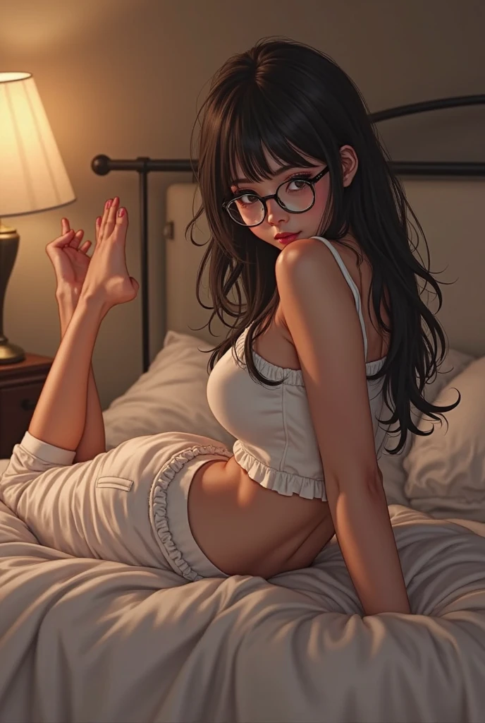 Chikawa、undergarment、nursing、bespectacled、a bed、lying back on