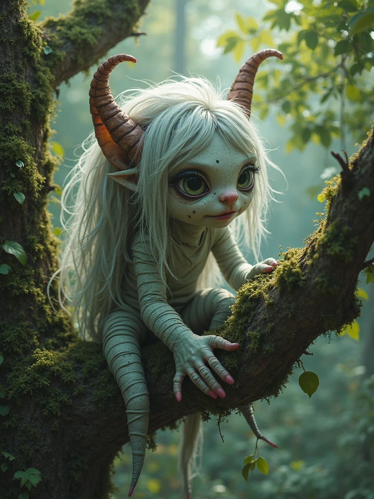 extremely detailed, realism, (monster girl on mossy tree branch:1.1), moss-covered branch, wood, monster girl, crouched:1.1, curled horns, medium breasts, big eyes, dark forest canopy, glowing eyes, big claws, big eyes, pale skin, bandages, long hair, looking at viewer, leaves, (face close-up:1.2), messy hair, skin markings, grey mottled skin, blue skin, long ears, evil smile, (above ground:1.2), hands between feet, tail:1.1, (lying on branch:1.2), (lying on back:1.1), volumetric lighting, young:1.2, from side,