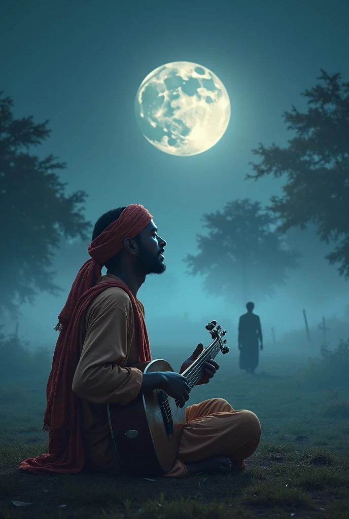 Night background with moon
Hindustani hall
Inside hall a young handsome men with black diamond kurta with vennai instrument
Besides him kuthu vilakku
Around the hall river with swans and peacock on the rock with proud or in the top of hall
Trees