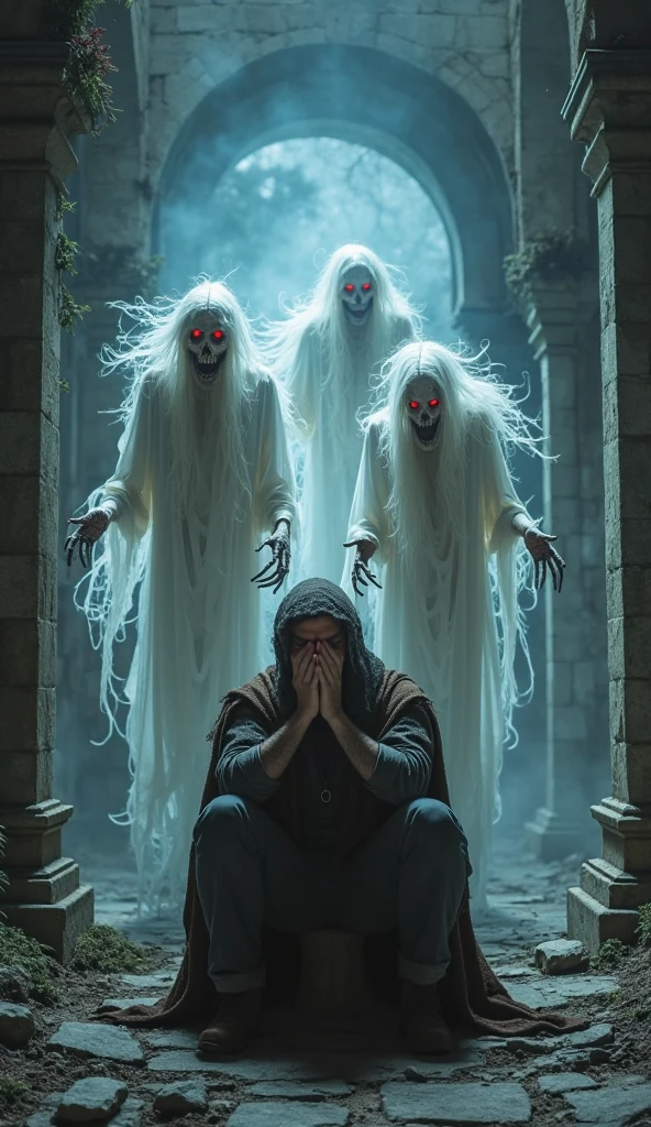 Late night with no lights、Zoom in on face、Spooky Japanese Ghosts、ruins、Apparition、gloomy、Photorealistic、movie