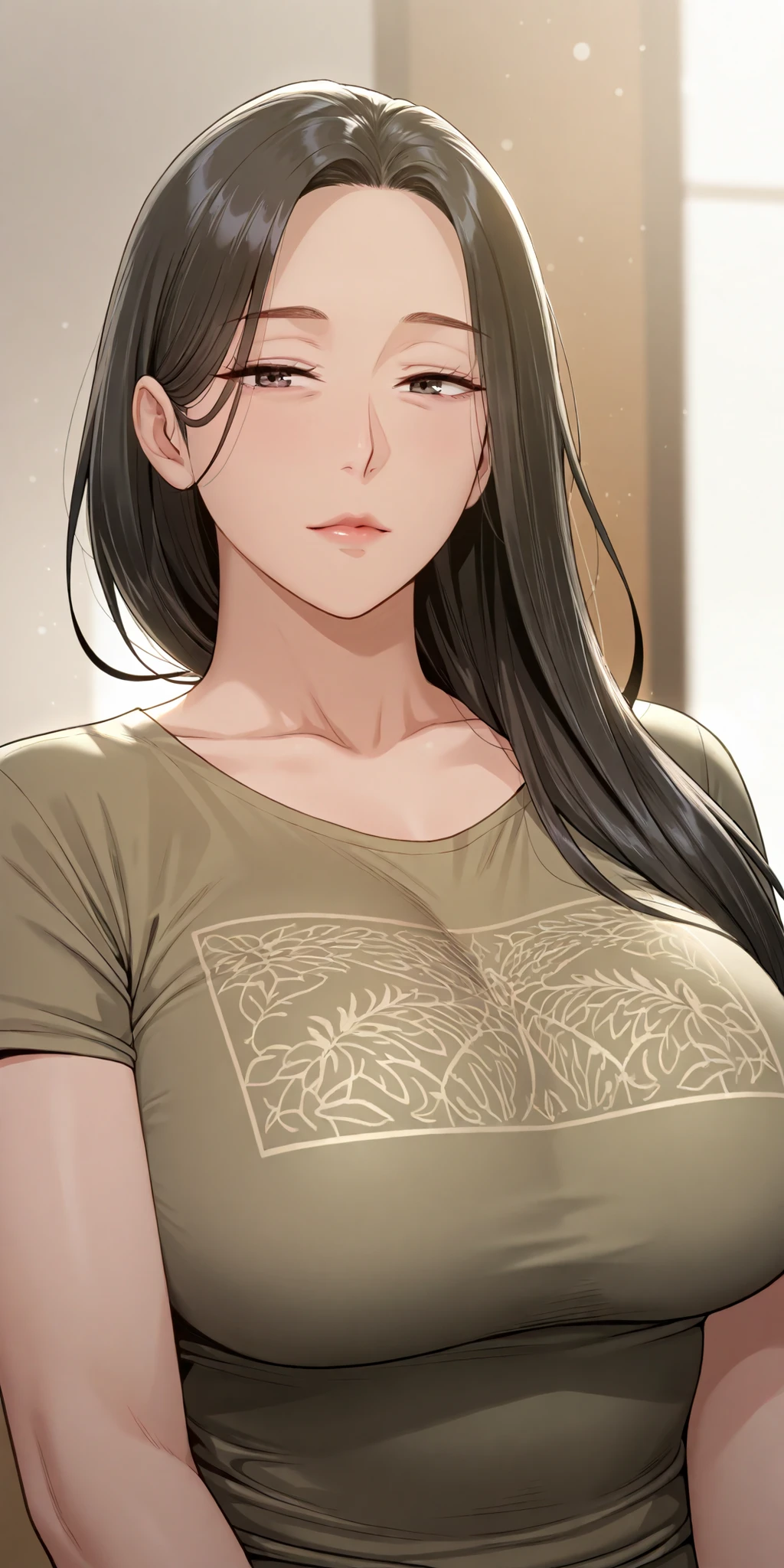 masterpiece, best quality, 8k wallpaper, hires, intricate details, soft lighting, studio shot, simple background, dynamic angle, bokeh background, rating_explicit, beautiful, upper body, looking at viewer, 1girl, solo, mature female, black hair, long hair, hair over shoulder, large breast, green t-shirt, short sleeve, highly detailed