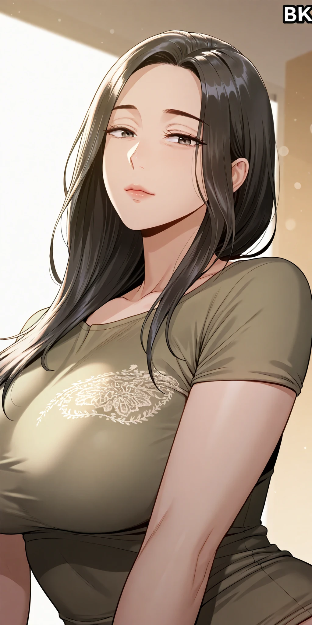 masterpiece, best quality, 8k wallpaper, hires, intricate details, soft lighting, studio shot, simple background, dynamic angle, bokeh background, rating_explicit, beautiful, upper body, looking at viewer, 1girl, solo, mature female, black hair, long hair, hair over shoulder, large breast, green t-shirt, short sleeve, highly detailed