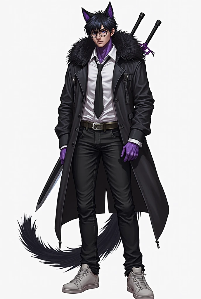 Handsome male. Dark silky purple hair, amber eyes, lean and muscular build, with a sharp jawline and a devilish smile. I'm dressed in fine black clothes and have a silver stake tucked in my sleeve. Vampire. Bara. Bulge in pants. Black boots. Piercings.