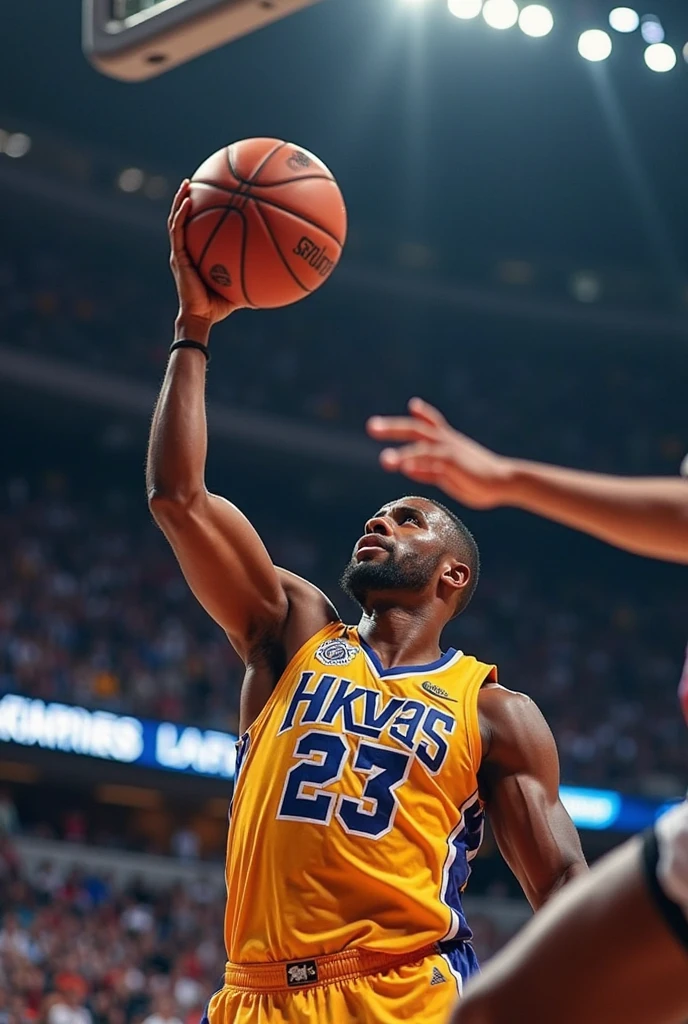 Create a basketball player who has a basketball jersey that is in the NBA and has the finger of the right hand up that the jersey says AYBARDANIEL that is number 7 that is spread out