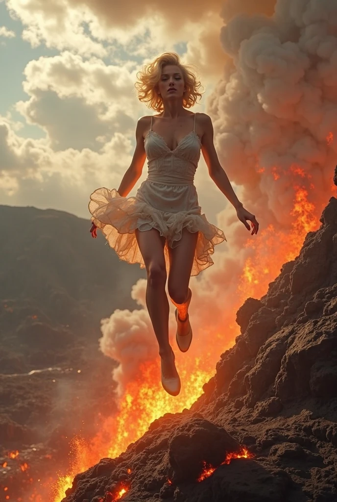 Girl flying over burning land but she is happy
