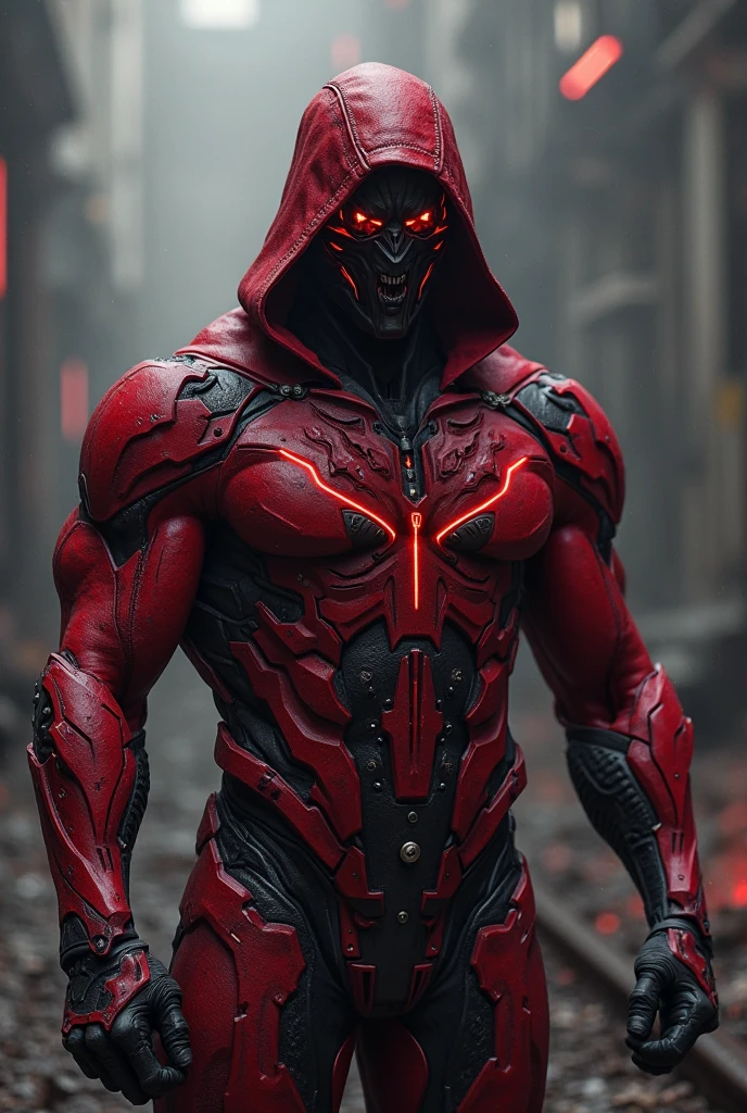 a man in a red jacket and black pants standing in a dark room, wearing cultist red robe, crimson attire, character from mortal kombat, as a character in tekken, fighting game character, cyberpunk assassin, red hooded mage, cyberpunk outfits, crimson clothes, the red ninja, wearing leather assassin armor, an edgy teen assassin, cool red jacket, cyberpunk street goon, detailed face, intricate facial features, highly detailed eyes, sharp facial features, dramatic lighting, chiaroscuro, moody atmosphere, cinematic lighting, dramatic shadows, gritty cyberpunk style, hyper-realistic, 8k, photorealistic, masterpiece
