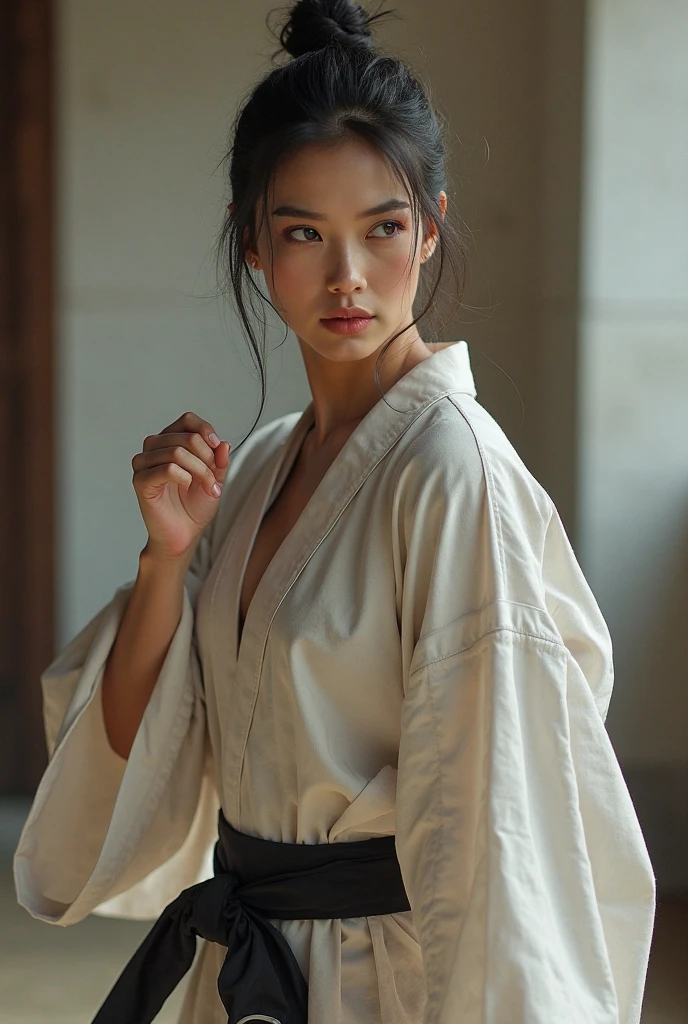 (action scene:1.2),((highest quality, 8K, masterpiece: 1.3)), sharp focus: 1.2, Beautiful woman with muscular body: 1.4, Arms are drooping, slim abdomen: 1.2, ((layered haircut, big: 1.2)), wet body: 1.1, Very detailed face and skin texture, fine eyes, double eyelid, sunburned skin, sunburned, sweaty skin, 1 girl, beautiful and perfect face, bob cut, intricate details, movie-like atmosphere, 8K, very detailed, (realistic, photorealistic: 1.37), Super detailed, highest quality, realistic, very delicate and beautiful, Raw photo, (((professional lighting)), face lighting, Depth of bounds written, single focus, (((Judo))), ((Black belt))、(((super big breasts:1.2))) 、(((cleavage)))、(((Protruding)))、Wear the official judo uniform), ((long sleeve)), ((wearing a t-shirt)), (muscular and healthy), small head, (((beautiful eyes)), real face, realistic face, real face, fine eyes, (fashionable hairstyle: 1.3), viewer, (cool japan women)), intellectual, sports, (smile: 1.15), (closed mouth), fine and beautiful eyes, (Japanese temple: 1.3), judo player, healthy body, (short hair: 1.2), short hair, black skin