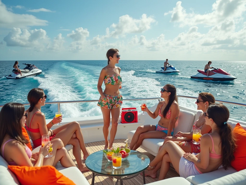Three beautiful women sunbathing on the deck of a boat while another woman swims naked in the water