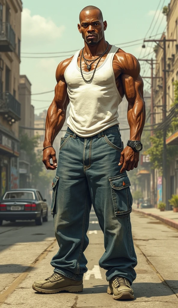 Big giant body builder bald men wearing unbuttoned double pocket multi colored shirt outside old historical palace
