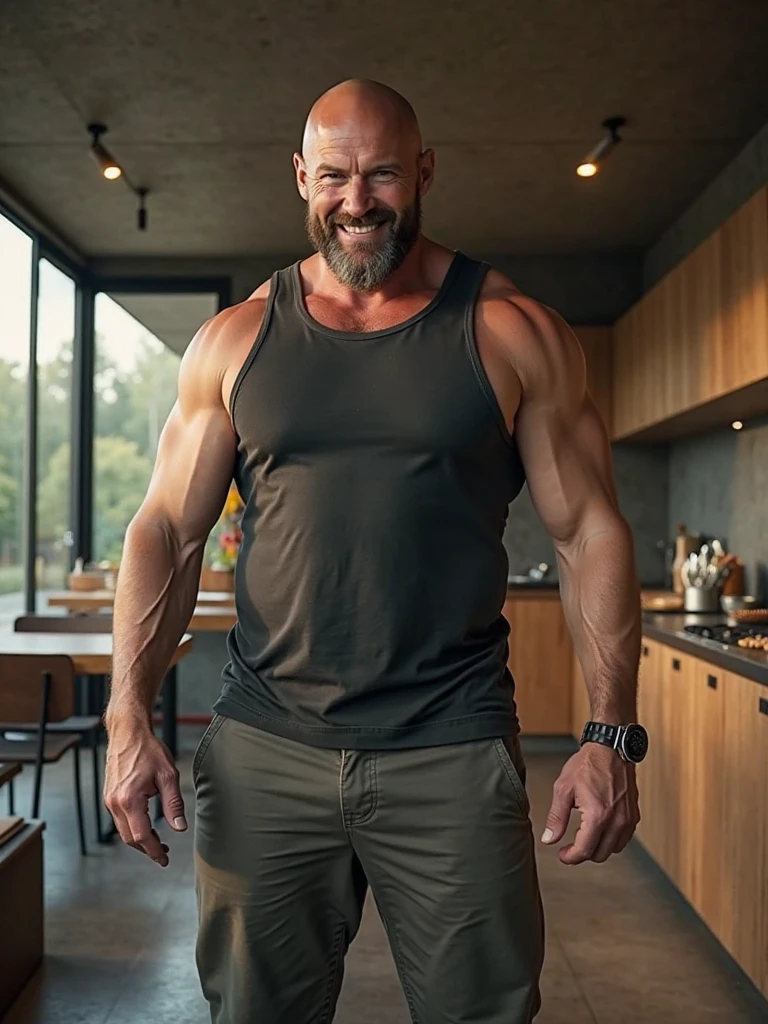 Chris Redfield from Resident Evil Village, 52 years old, Homem gostoso e musculoso sem roupa, the man only wears nothing and is preparing something in the kitchen, the man is seducing and touching the food, hairy chest, the muscles tighten the little apron, leaving the muscles in evidence, avental apertado no corpo e nos peitos musculosos, wearing black socks, sock fetish, full body shot, sweaty, smelly socks, suit socks,