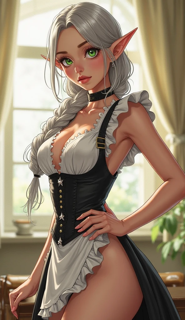 Deer Girl, ((without antlers)) Gentle, ((white colored hair)) ((Eat a cute reindeer tail)) Long Beautiful Hair, ((Beautiful and detailed face)), Charming, Kind expression on his face, Facing the camera, ((Skin color: white)), Body glare, ((Clear and detailed eyes)), ((Beautiful Female Eyes)), ((green colored eyes)), ((Perfect Sexy Figure)), ((Ideal body shapes)) ((Detailed hands)), big thighs, ((Subtle and beautiful)), ((sexy clothes: ((White Medieval Dress)) z ((black corset)) and sexy neckline, chocker on neck)), Standing like a servant, background: Modern Kitchen Beautiful House, Depth of field, ((ultra quality)), ((tmasterpiece)), ((clear image)), ((crisp details)), ((Realistic)), ((Professional Photo Session)), ((Clear Focus)), the anime, ((Colorfully drawn)), NSFW, ((Stockings)), flirting face, teasing legs, full body view, sexy milf
