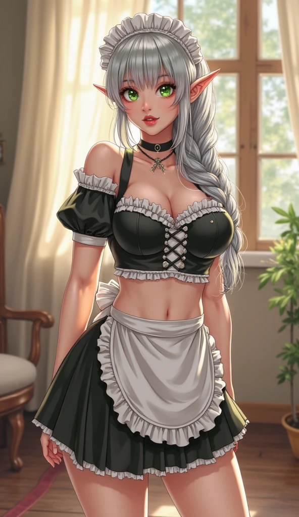 Deer Girl, ((without antlers)) Gentle, ((white colored hair)) ((Eat a cute reindeer tail)) Long Beautiful Hair, ((Beautiful and detailed face)), Charming, Kind expression on his face, Facing the camera, ((Skin color: white)), Body glare, ((Clear and detailed eyes)), ((Beautiful Female Eyes)), ((green colored eyes)), ((Perfect Sexy Figure)), ((Ideal body shapes)) ((Detailed hands)), big thighs, ((Subtle and beautiful)), ((sexy clothes: ((White Medieval Dress)) z ((black corset)) and sexy neckline, chocker on neck)), Standing like a servant, background: Modern Kitchen Beautiful House, Depth of field, ((ultra quality)), ((tmasterpiece)), ((clear image)), ((crisp details)), ((Realistic)), ((Professional Photo Session)), ((Clear Focus)), the anime, ((Colorfully drawn)), NSFW
