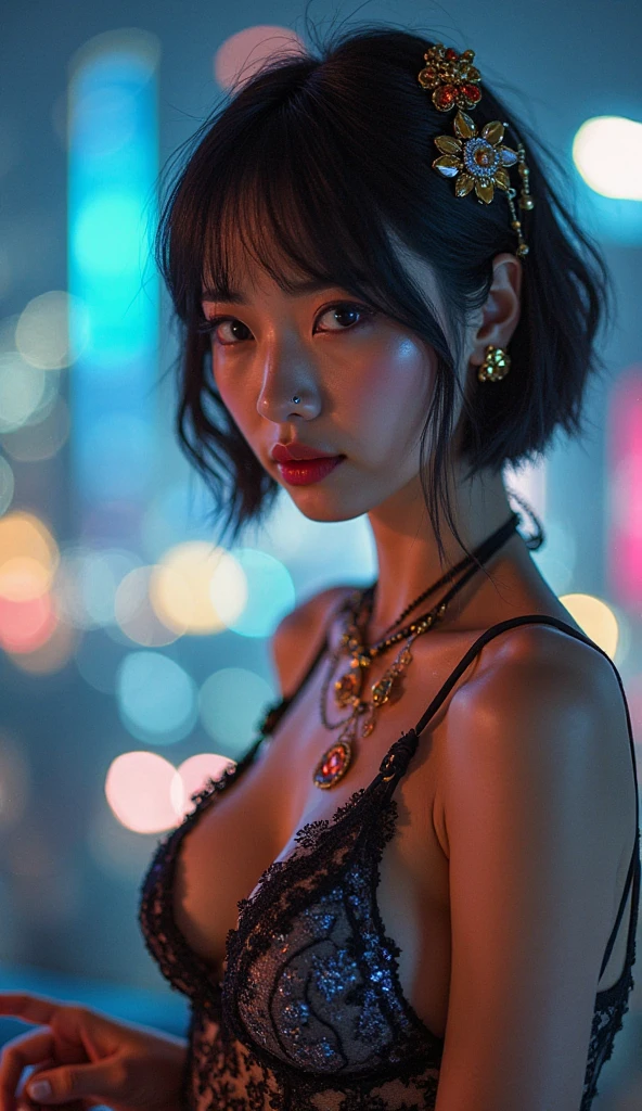 generate a hot japanese girl with a beautiful smile and really big chest, wearing a sexy outfit