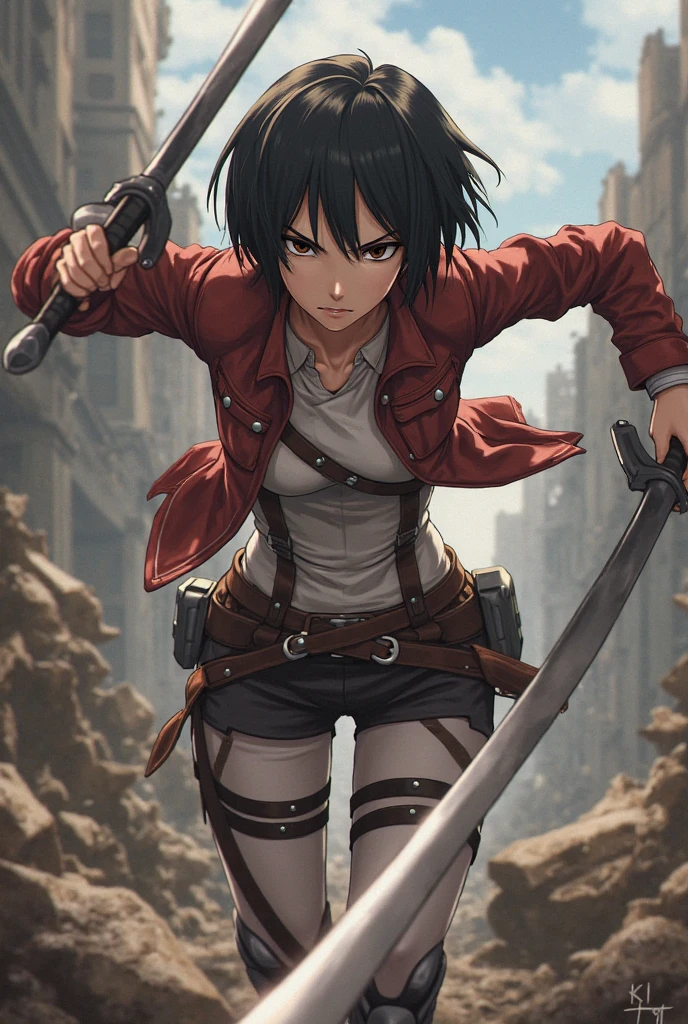 Masterpiece, A high resolution, Photorealistic, Best quality, 8K, Best quality, Ultra-detailed, Cinematic lighting, 1girll, mikasa ackerman, shingeki no kyojin, 1girll, belt, Black hair, Cropped jacket, emblem, hair between eye, Jacket, Paradise military uniform, Red scarf, Scarf, Short hair, shout, Angry, Crying, Watery eyes, (Blood:1.4), the scars, view the viewer, Ott style, Swords, Huge walls, In battle