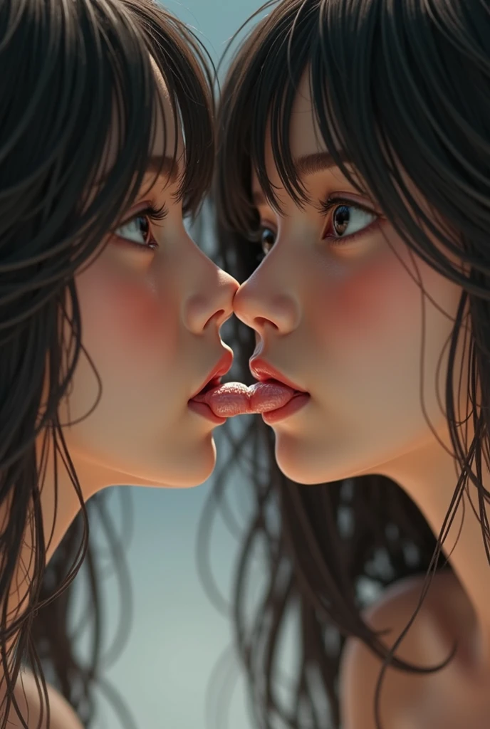 Realistic, 2 women, selfie, face enhancement, face zoom, mouth wide open, tongue out, bedroom, sitting, looking up from below