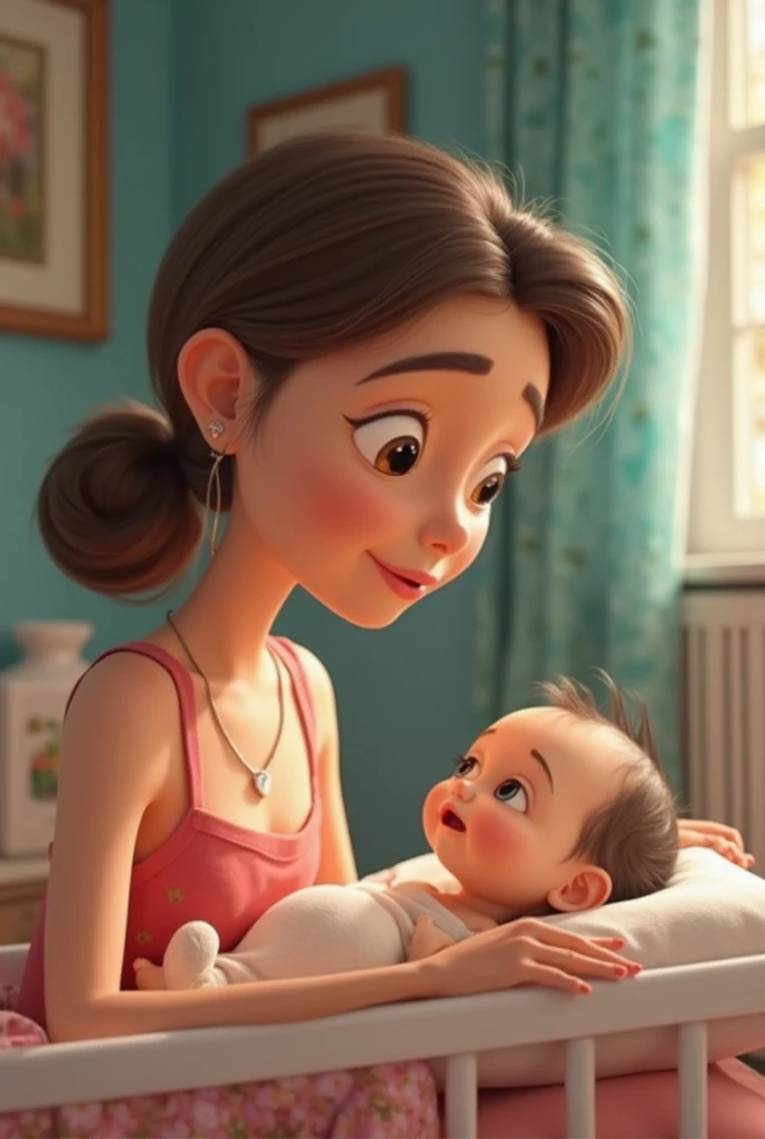 Disney-pixar style, doula, providing physical support, with square glasses almost translucent, wearing a light pink outfit, short, brunette hair, brown eyes, looking with compassion, looking at and holding the hand of another woman with long hair and blonde women in labor, with their eyes closed and a slight facial expression of pain sit on a swiss ball, wearing a black top