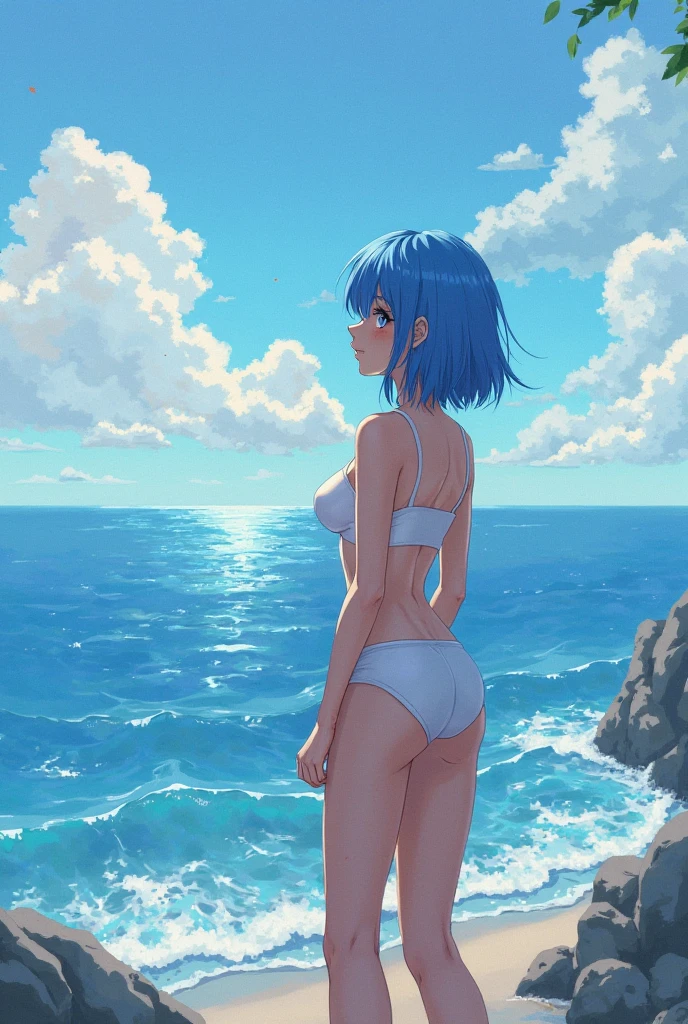 (Rem from Rezero)), proportional body, bikini, white thong, Seated, ass, Raining, Storms clouds, vignette, wood dock, sea, look away from the viewer, dark ambient, shadows, contrast, (View from behind), field of view,