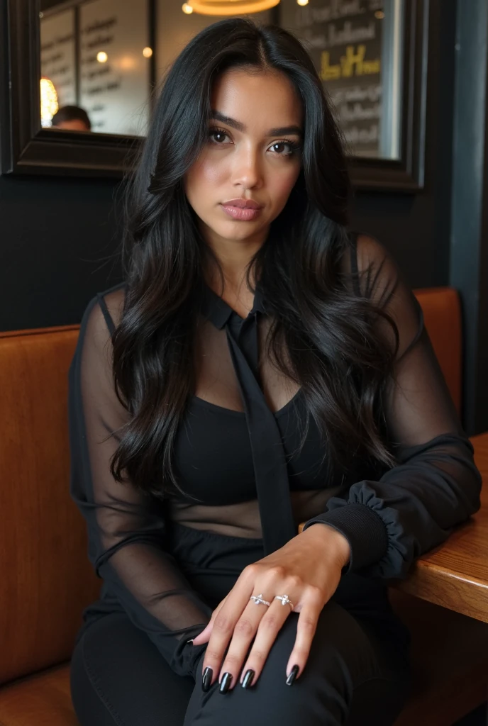 Realistic photo of a beautiful m1ch3ll3k woman, 1girl, solo, long hair, breasts, looking at viewer, black hair, dress, cleavage, jewelry, earrings, blurry, black dress, lips, tattoo, makeup, blurry background, realistic, tifa lockhart, soft lighting, professional Photography, Photorealistic, detailed, RAW, analog, sharp focus, 8k, HD, DSLR, high quality, Fujifilm XT3, film grain, award winning, masterpiece<lora:m1ch3ll3k:1.0>