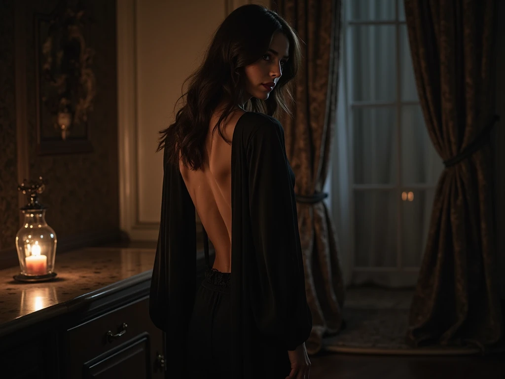 In the dimly lit room, a gothic beauty emerges, her full body adorned in an impressive dress with exposed shoulders. The subtle shadows and cool lighting create a seductive and captivating atmosphere.
In the dimly lit room, a gothic beauty emerges, her full body adorned in an impressive dress with exposed shoulders. The subtle shadows and cool lighting create a seductive and captivating atmosphere.