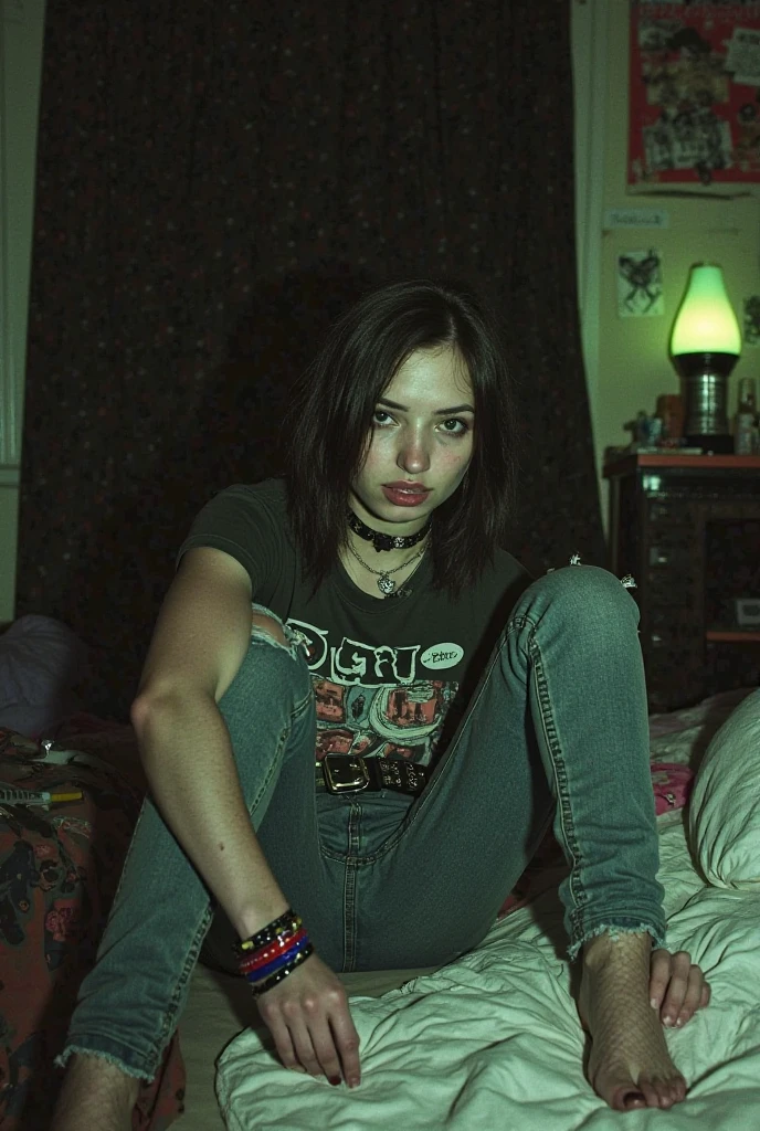 emo girl with pale skin, a pony tail, huge breasts stretching a black t-shirt with a skull imprint,  and tattered jeans sitting on the floor of her messy bedroom, portrait, looking shyly at the camera, looking shyly at the camera, looks at the camera, looks at the camera, showing her tits, shirt up, show tits