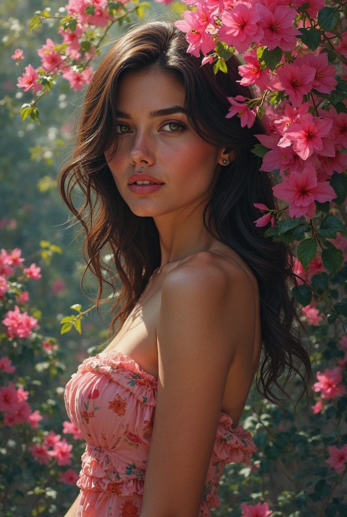 (masterpiece, best quality:1.5), highest quality, High resolution, super detailed, Realists, Full body photo of a 22 year old European brunette woman, detailed and beautiful eyes, beautiful detailed lips, very detailed eyes and face, longeyelashes, 22-year-old woman wears a long evening dress made of shimmering satin fabric, Beautiful and colorful makeup, elegant and noble々Pose,shiny satin headband, Gardens as background, soft daylight, bright colors, fine brushstrokes, Plain dress fabric, beautiful color palette, glowing skin, First-class rendering, that captures every detail, enchanting atmosphere, subtle shadows and lights, (perfect anatomy:1.2), (The stunning 22-year-old woman presents herself (magnificent panorama view:1.2)