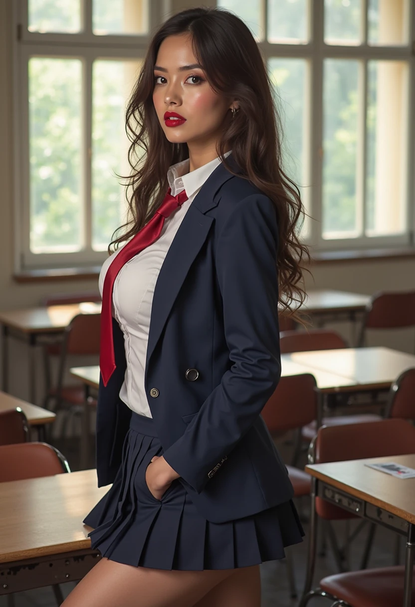 (masterpiece, High Quality, High resolution, cup breasts, photography), beautiful woman, full face photo, with light eyes , beautiful breasts, beautiful and detailed face, cute smile , beautiful butt , angelic look, beautiful legs, gran detalle de cuerpo y rostro en pose sexy y erotica. Great detail of the background and surroundings. Beautiful girl with very big breasts (D or DD), RED LIPS, long loose hair, sexy. Photograph of a young and attractive woman of Latin origin, attractive and athletic figure, entering a room that looks like a classroom. She wears long braided hair and wears a school uniform consisting of a navy blue jacket, a white blouse with red tie, a pleated skirt and dark tights. The room has desks and chairs, and a window that lets in natural light.