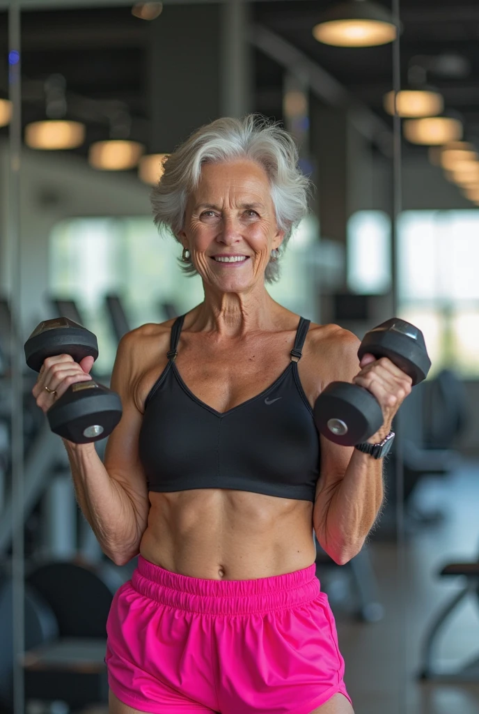 Androeda, solo, realistic, black girl, ((85-year-old girl)), ((mature)), ((old woman)), ((wrinkled woman)), african american old woman, old black woman, dark-skinned, (((upper body only))), ((at the gymnasium)), ((selfie shot)), smiling, wearing attractive tops, white hair