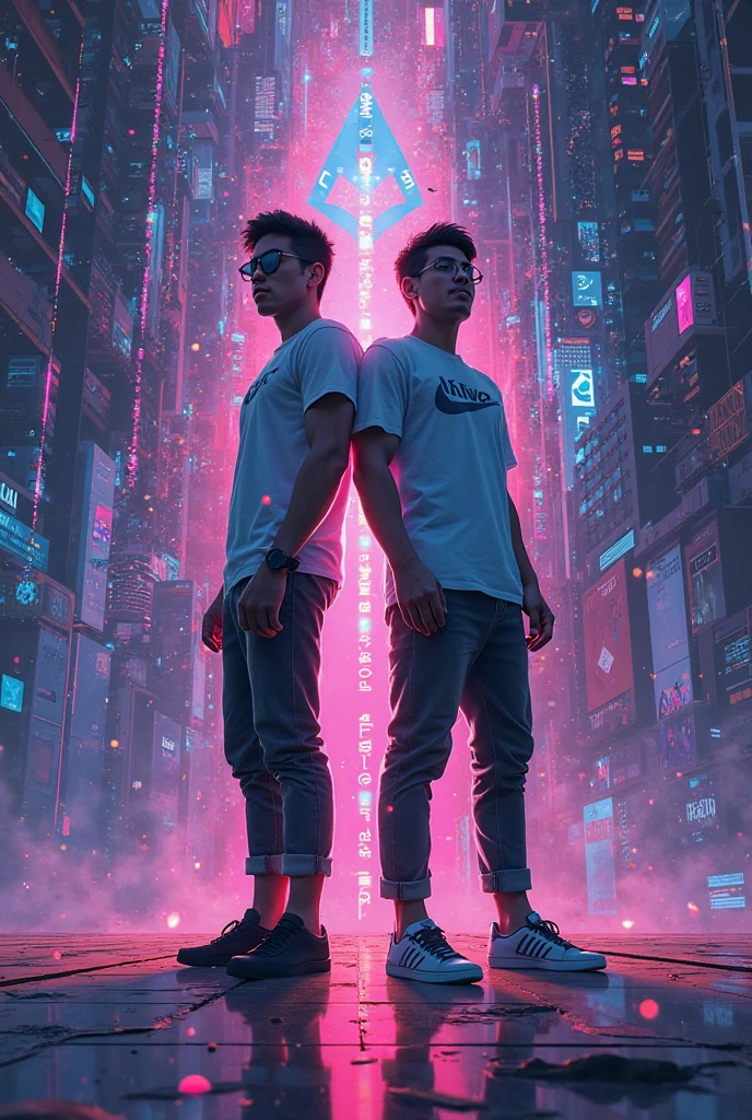 snthwve style, masterpiece, nvinkpunk, best quality, 2boys, (alluring) twinks, holding hands, from side, sweatpants, crotch bulge, (bare chest), tattoos, thirst trap, very short brown hair, blue eyes, (tower block balcony background), drone, (cyberpunk), night, realistic, dramatic lighting, atmospheric, intricate detail