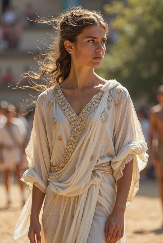 (medium full shot) of (glamorous young woman from the ancient roman era), australian, tan skin, olive green eyes, Medium build, long ginger curtain bangs hair, wearing a gold tunic with belt, traditional white toga, hide sandals, signet ring, gold armband, set in ancient rome, a vibrant Roman market, with stalls selling spices, fabrics, and pottery, and people haggling and bartering , woman smiling, Masterpiece,best quality, photo, realistic, very aesthetic, detailed face,