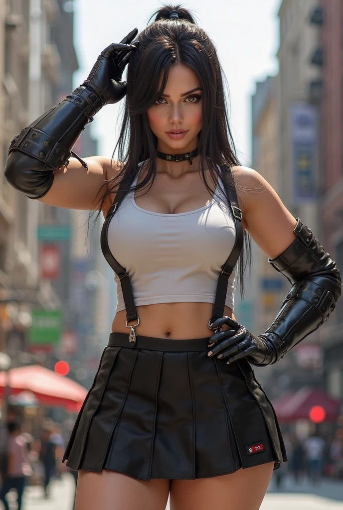 tifa lockhart \(cosplay\), (Realistic: 1.2), high quality, 1 girl, suspenders, Low rise, Black mini skirt, Black border white tank top, tight shirt, Black Hair, Long Hair, Sexy Body,Beautiful big breasts, shining red eyes,Perfect Face,Tight waist, black stockings, Shapely hips, background in new york