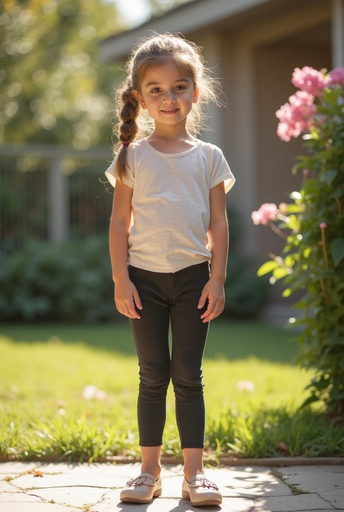 7 year old girl, brown hair, wearing a , barefoot, in a park