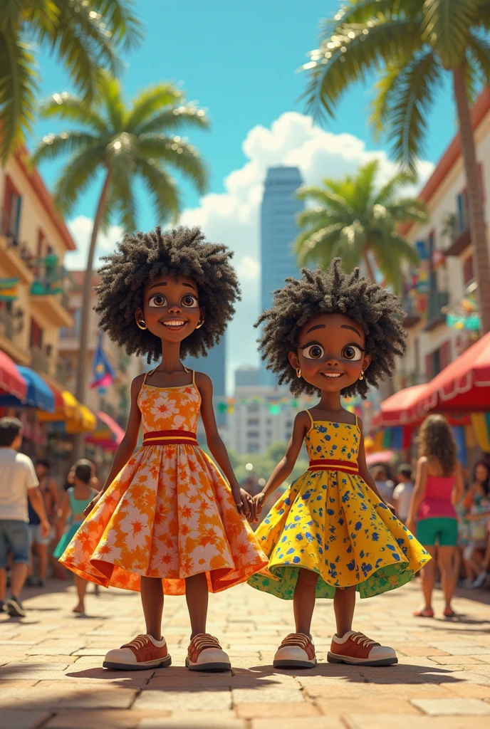 A pair of black children. it's important that it's a boy, usando boina azul claro e uma menina com enveites nos cabelos. Eles estao sorrindo. They're playing on the beach. They wear sea shell props in their hair. Usam roupas de cor clara e enfeitadas com balas e doces. Hold in your hands, cotton candy and a large lollipop --auto --s2