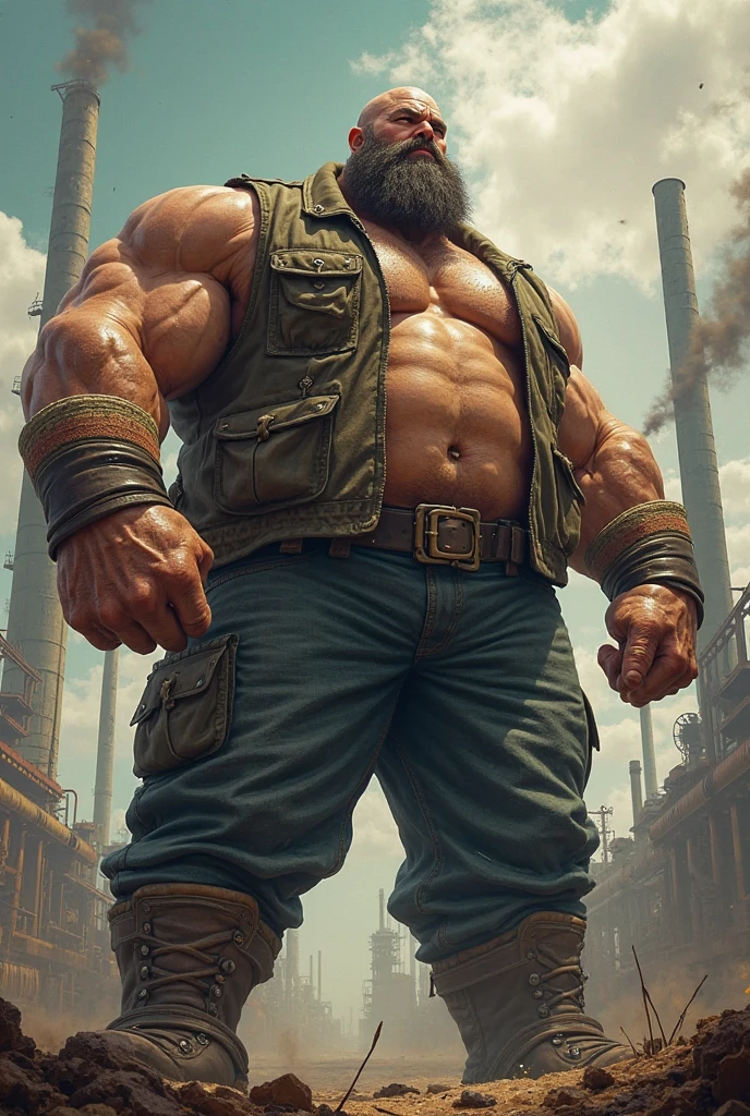 would likely be portrayed as a large, muscular man with a burly, rugged appearance. He would have a strong build with broad shoulders and a stocky frame. His face would be characterized by prominent features such as a square jawline, strong brow, and expressive eyes that convey a mix of determination and kindness. His hair might be disheveled, and he could have a few scars or signs of wear, reflecting his tough work in the arcade game. He would wear practical, worn clothing, such as a heavy shirt or jacket, and sturdy pants, highlighting his labor-intensive role.