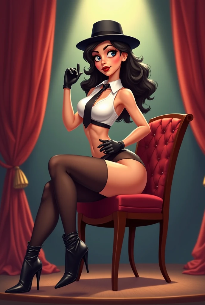1 girl: full body. Sitting in a chair, inside a hospital office. Small and thin body, tiny, , ebony skin. Wide hips and narrow waist. Small bust. Full legs and lips. Long, loose, wavy, messy black hair. Black eyes. Dressed in a small erotic doctor costume: long white doctor's coat that covers the palms of the hands and reaches to the ankles, tiny white skirt, white crop top with a red cross in the middle that shows the abdomen, white stockings with lace with a red bow. Red patent leather shoes. Black choker. Black mesh gloves that leave the fingers exposed. Expression: confused, confused, raised eyebrow. Small, dark and sweaty body. Loli body. body.