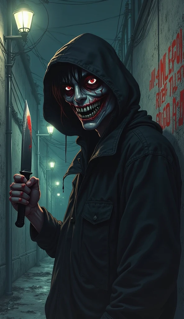 Halloween Month Special: A 15-year-old psychopathic teenager holding a knife in a dark alley at 3 o'clock in the morning, looking at the viewer, is a cruel and soulless killer, a rather dangerous serial killer, torn clothes full of blood, mouth is full of blood. Bizarro bizarro e muito perturbador.