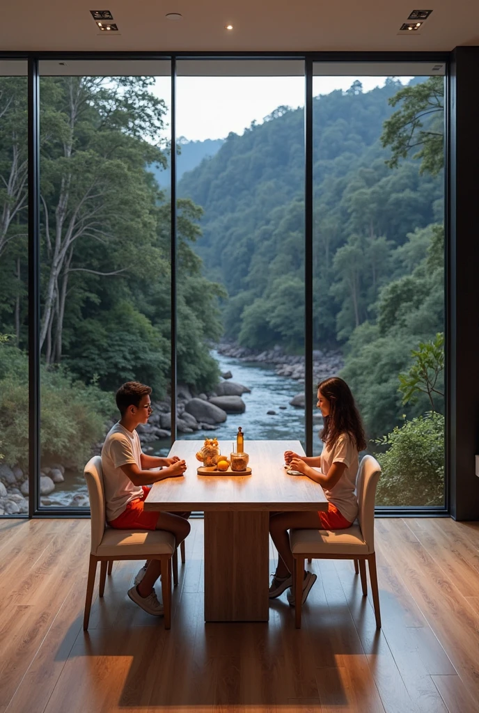 Interior view of wooden house with large glass window overlooking a forest, The weather is heavy rain, agua escorre no vidro, clima frio, sem neve, Dense forest outside, lareira com fogo baixo, livros na estante, wooden table with cups of hot coffee for two, A man and a woman are sitting on a brown leather sofa, eles conversam e riem.