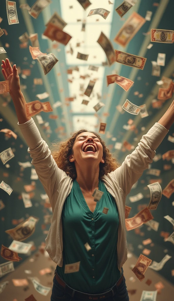 A beautiful American woman smiles happily, looks up, and spreads her arms, waiting to receive money, which is falling from the sky in large amounts.