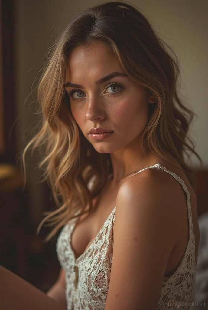 Portrait of beautiful slim swedish 38 years old woman. Hippie bohemian woman. (The palm of the Hand in her face). Pale skin. Light brown short wavy hair. Looking confident and sensually at camera. Sitting in a wooden hut. ( Elbows on the table). bohemian Blouse . No bra. Enhancing her deep sensual Cleavage. Big round breast.