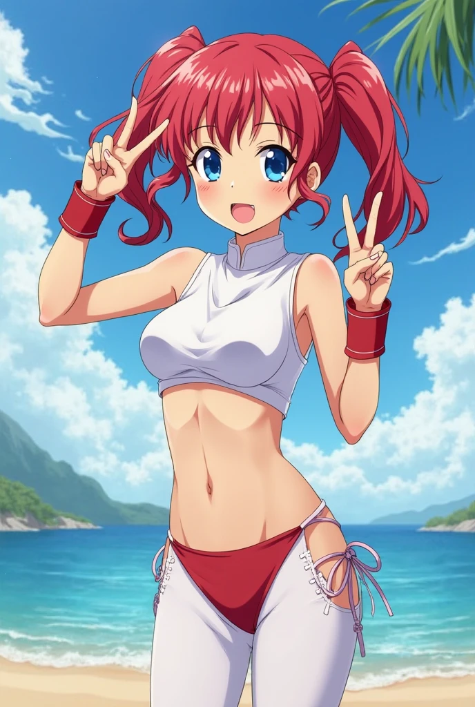 (Perfect body),Best Quality,(8K Portrait),(Official art)、((NSFW))、(((Puffy nipple)))、Small breasts、((Shorthair))、Twin-tailed、blush,((red hairs)),(Sweat),((Light blue striped bikini))、blue eye rack knee socks、1girl in,((:D))、((both hands behind head))、((Armpits))、On the train、