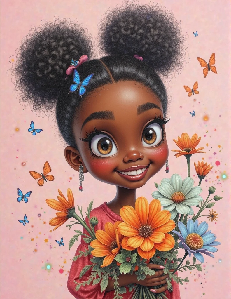 (cute chubby black baby girl smiling with ponytails wearing overalls, flowers, butterflies) Munchkin, Geometric multidimensional wall portrait, livro de arte, Tchibi,
Yang08k, Beautiful, Colouring,
Obras, of the highest quality, best quality, Arte Oficial, Beautiful and Aesthetic,
