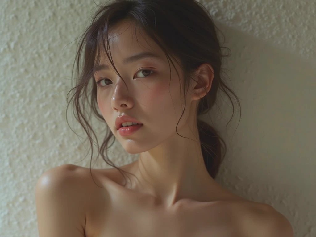 25 years old woman, bokeh, (photorealistic:1.4, realistic), highly detailed CG unified 8K wallpapers, 1girl, ((slender body:0.8)), ((large breasts:0.8)), looking at viewer, (HQ skin:1.4), 8k uhd, dslr, soft lighting, high quality, film grain, Fujifilm XT3, Best quality, masterpiece, ultra high res, (photorealistic:1.4), raw photo,1girl, solo, realistic, lips, black hair, looking at viewer, black eyes, teeth, long hair, parted lips, nose, close-up, brown hair, simple background, brown eyes, (((nsfw, naked, nude, nipples))), ((face through torso:1.5))