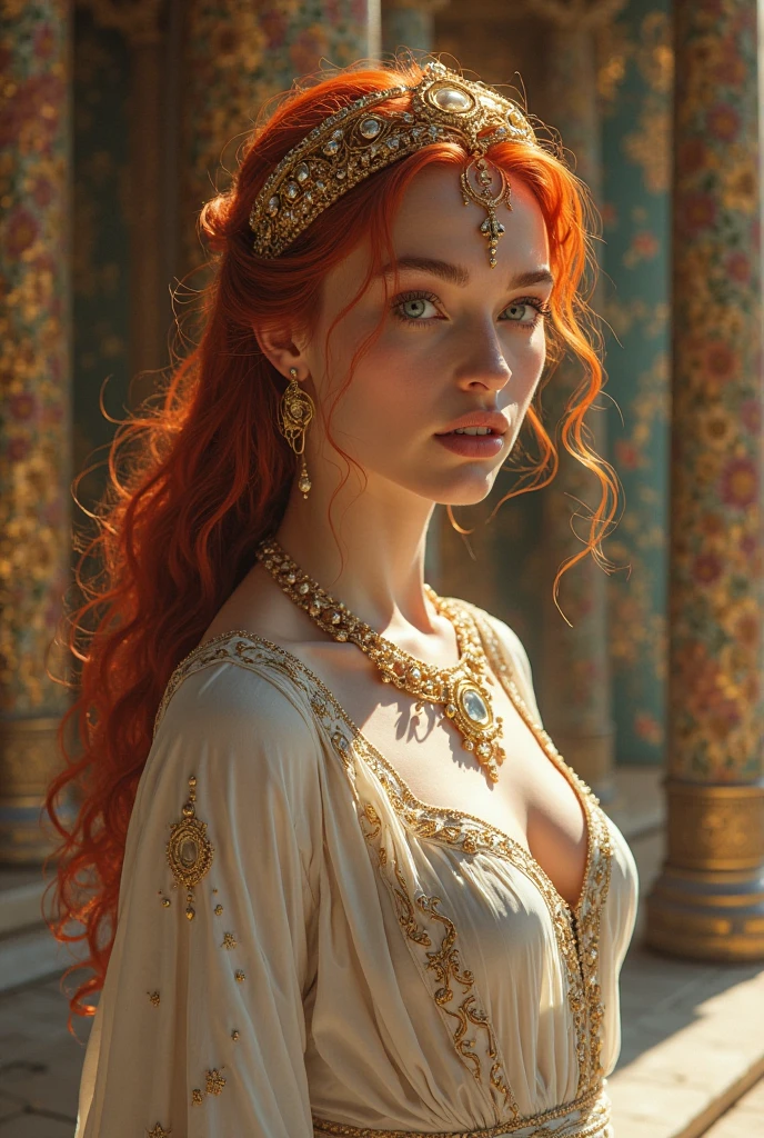 Create a hyper-realistic image of a mystical woman with long red hair, wearing a flowing golden gown adorned with mystical symbols. She sits at a wooden table, looking directly at the viewer, with tarot cards and mystical crystals in front of her. In the background, a grand fireplace glows faintly, with dark velvet curtains. She wears large golden earrings and a necklace with a mystical pendant. Floating dollar bills drift around her, adding an aura of magic. A candle flickers softly, casting an eerie glow over the scene.
