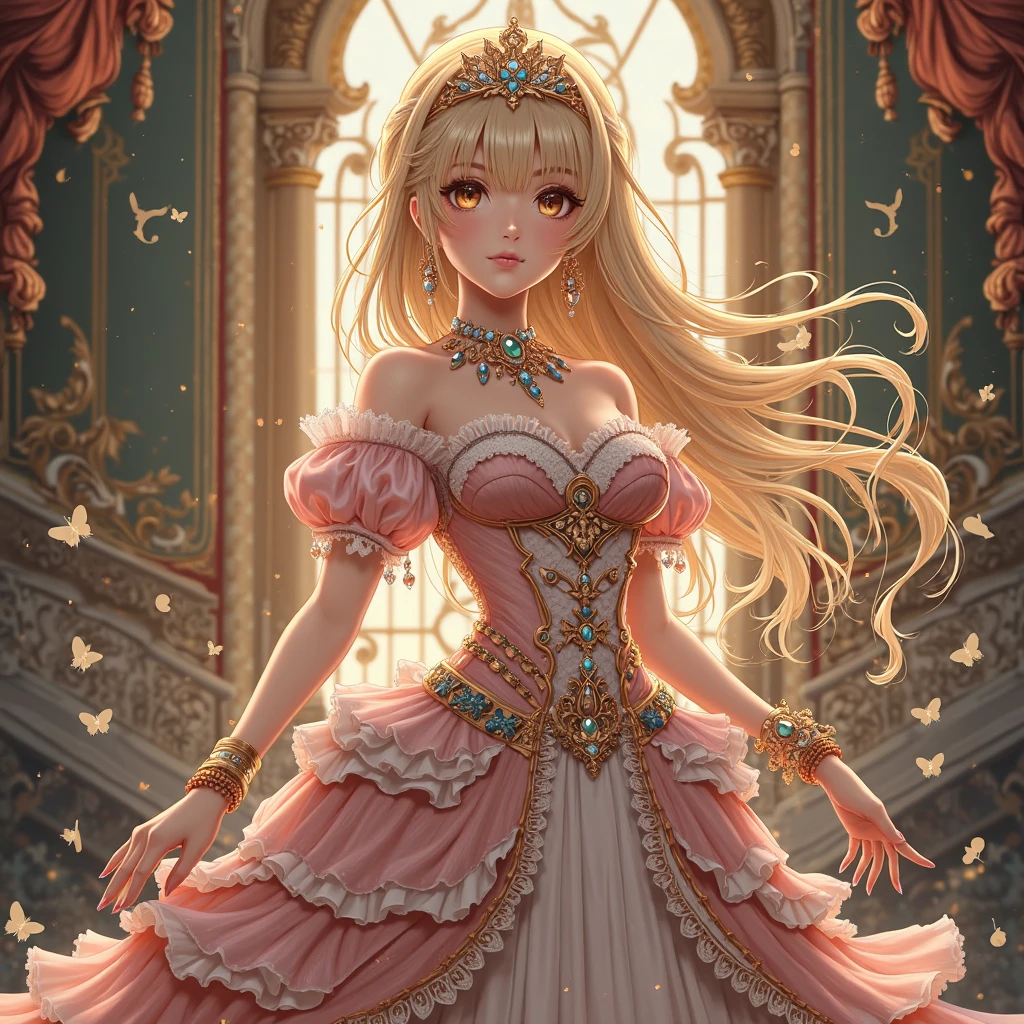 (masterpiece, best quality,extremely detailed,moe anime art style:1.1),1girl, ((solo)), cute, kawaii,digital art,((1 bling-bling anime princess wearing beautiful embroidery and jeweled gorgeous princess ballgown with voluminous full length hoop skirt)),((crinoline)),long train,voluminous frills,(gorgeous embroidery and beautiful lace),(very gigantic boobs,cleavage,skindentation),((shiny hair,very long straight hair)),((finely detailed face and eyes)),clear pupil,extremely gorgeousfull hair ornament,(bling-bling jeweled extremely gorgeousfull tiara),((bling-bling gorgeous gemstone jewelry)),long veil,((beautiful background,fantasy)),flowers,flower petals flowing,full body,(looking away),((beautiful embroidery and jeweled gorgeous princess ballgown with voluminous full length hoop skirt))