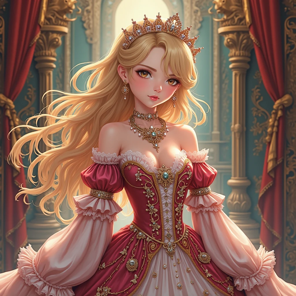 Noah is a sexy woman with blone hair, red eyes, noble woman, duchess, anime style