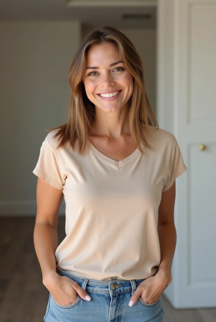Corps entier Belle brune aux reflets blonds portant un t-shirt rose sans motif, jeans (dans une cuisine ), very detailed, 22 ans, , , Visage innocent, natural wavy hair, yeux bleus, high resolution, masterpiece, Best quality, Intricate details, very detailed, Sharpness, detailed skin, texture de peau réaliste, texture, detailed eyes, professionnel, 4k, Sourire charmant, shot with Canon, 85mm, faible profondeur de champ, Kodak Vision Couleur, corps parfaitement ajusté , Extremely detailed, photorealistic, Realistic, Post-traitement, Maximum details, roughness, vrai vie, ultra realistic, photorealism, la photographie, 8K UHD, la photographie, gros seins